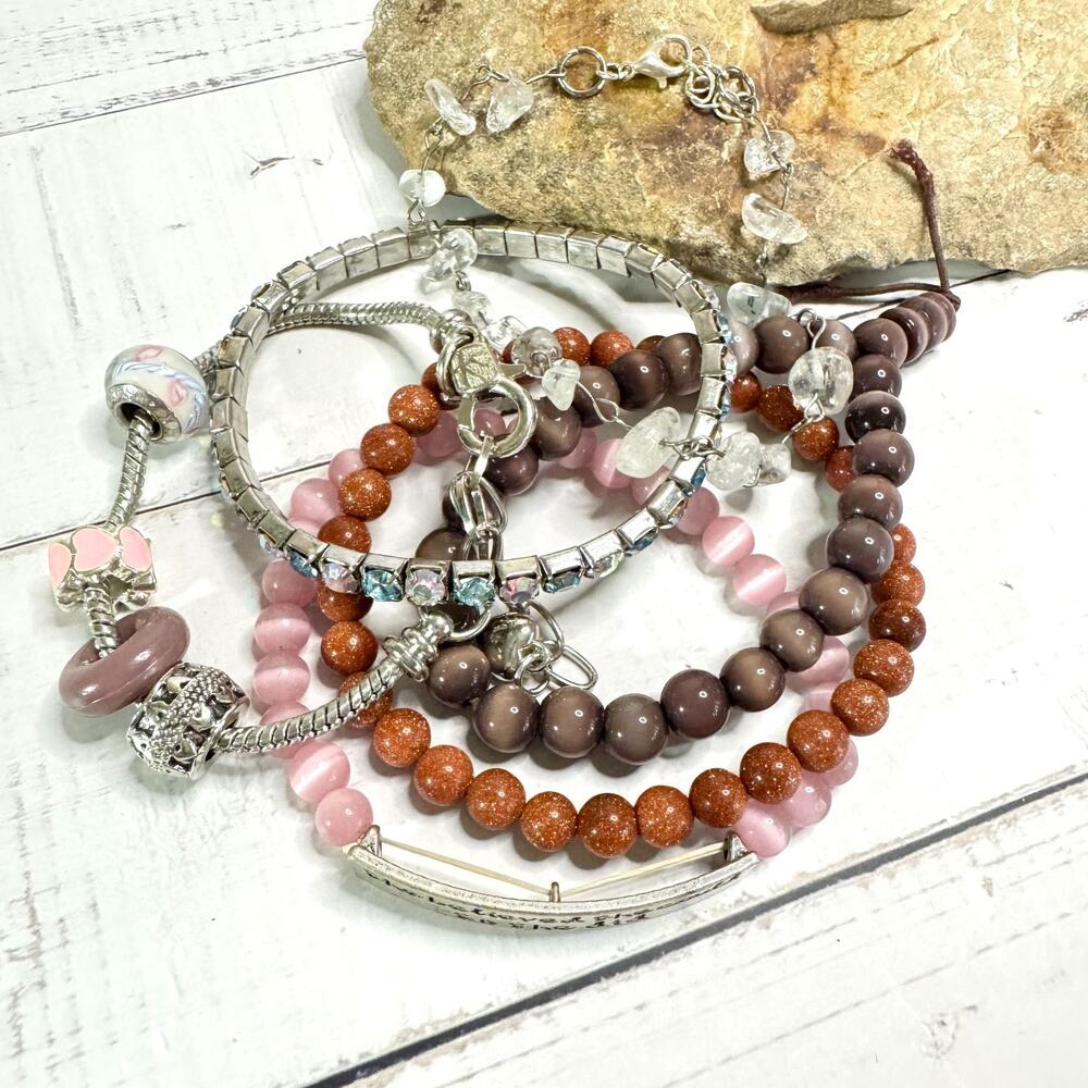 Stack of 6 Bracelets Moonstone Rock Crystal Cat Eye AB Rhinestones Stretch Mauve